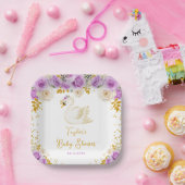 Swan Purple and Gold Roses Baby Shower ペーパープレート (パーティー)