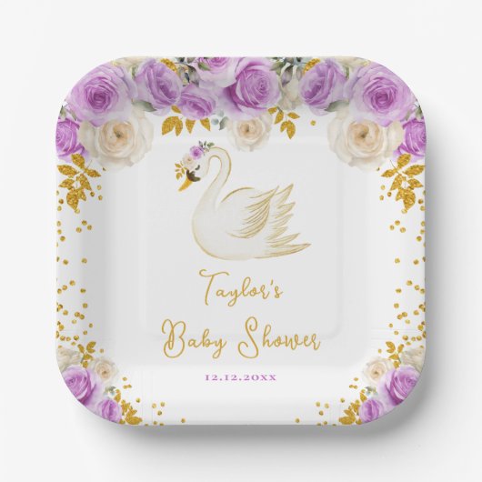 Swan Purple and Gold Roses Baby Shower ペーパープレート (正面)