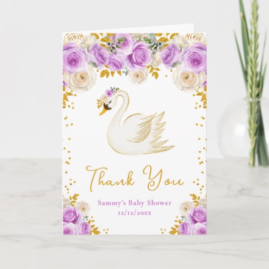 Swan Purple and Gold Roses Baby Shower Thank You サンキューカード (正面)