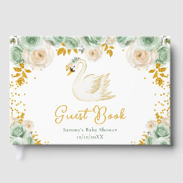 Swan Sage Green and Gold Roses Baby Shower ゲストブック