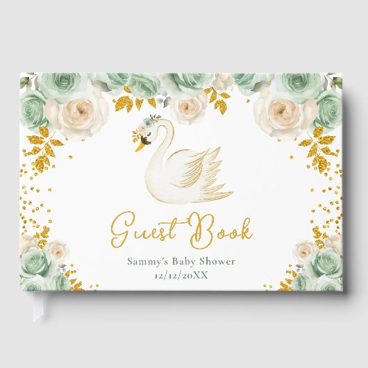Swan Sage Green and Gold Roses Baby Shower ゲストブック (正面)