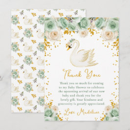 Swan Sage Green and Gold Roses Baby Shower サンキューカード
