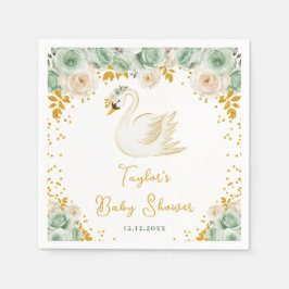 Swan Sage Green and Gold Roses Baby Shower スタンダードカクテルナプキン