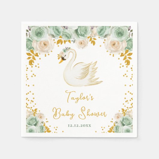 Swan Sage Green and Gold Roses Baby Shower スタンダードカクテルナプキン (正面)