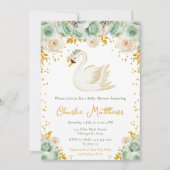 Swan Sage Green and Gold Roses Baby Shower 招待状 (正面)