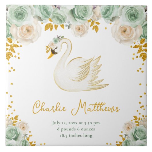 Swan Sage Green and Gold Roses Birth Statistics タイル (正面)