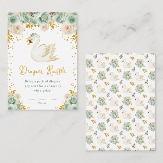 Swan Sage Green and Gold Roses Diaper Raffle エンクロージャーカード (正面/裏面)