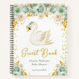 Swan Sage Green Gold Roses Baby Shower Guest Book ノートブック