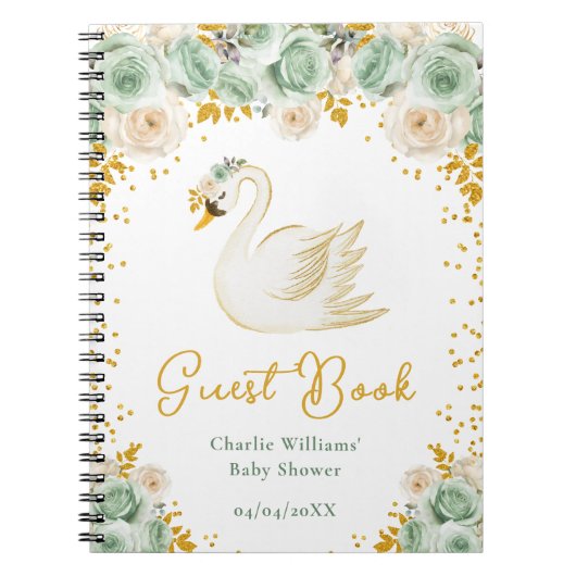 Swan Sage Green Gold Roses Baby Shower Guest Book ノートブック (正面)