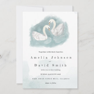 Swan watercolor themed elegant wedding invitation 招待状