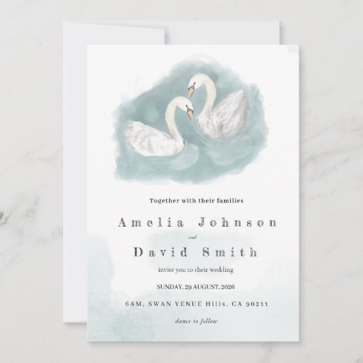 Swan watercolor themed elegant wedding invitation 招待状 (正面)