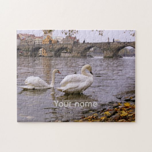 Swans and Charles bridge in Prague ジグソーパズル (横)