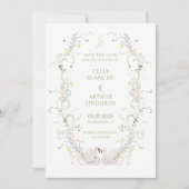 Swans Floral Frame Monogram Wedding  セーブザデート (正面)