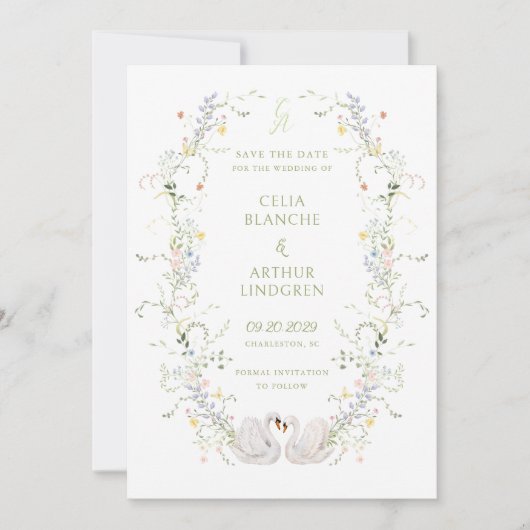 Swans Floral Frame Monogram Wedding  セーブザデート (正面)