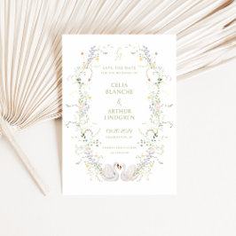 Swans Floral Frame Monogram Wedding  セーブザデート