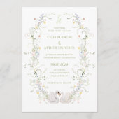 Swans Floral Frame Monogram Wedding  招待状 (正面)