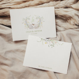 Swans Floral Monogram Crest Wedding サンキューカード
