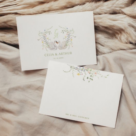 Swans Floral Monogram Crest Wedding サンキューカード