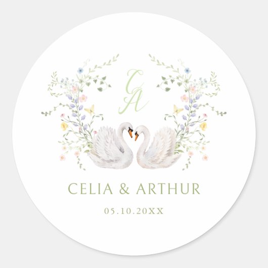Swans Floral Monogram Crest Wedding  ラウンドシール (正面)