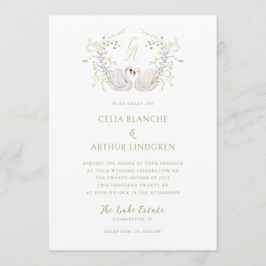Swans Floral Monogram Crest Wedding  招待状 (正面)