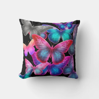 Swarm Of Colorful Butterflies On Black Background クッション