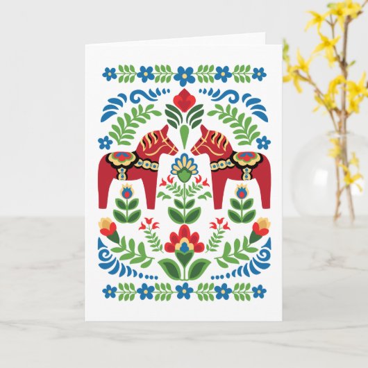 Swedish Dala Horses Red Greeting Card カード (黄色い花)