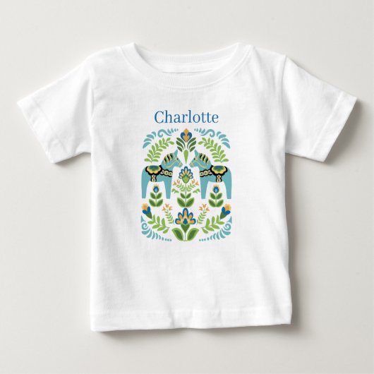 Swedish Dala Horses Teal Personalized ベビーTシャツ (正面)
