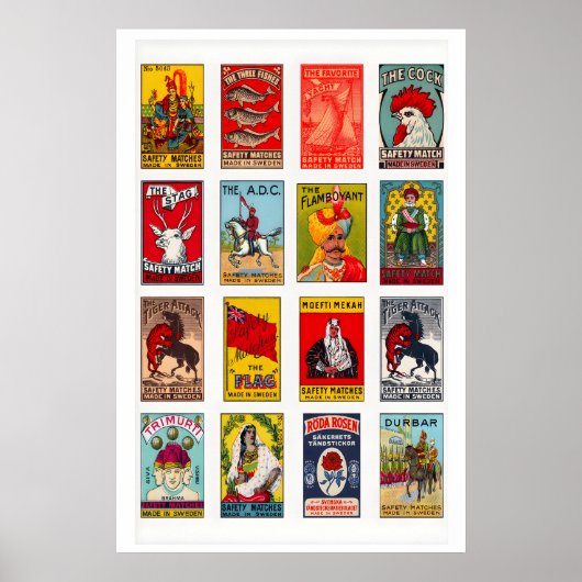 Swedish Matchbox Labels Grid Print, Vintage ポスター (正面)