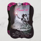 SWEET16パーティー、ピンク、黒と白のダマスク 招待状 (正面/裏面)