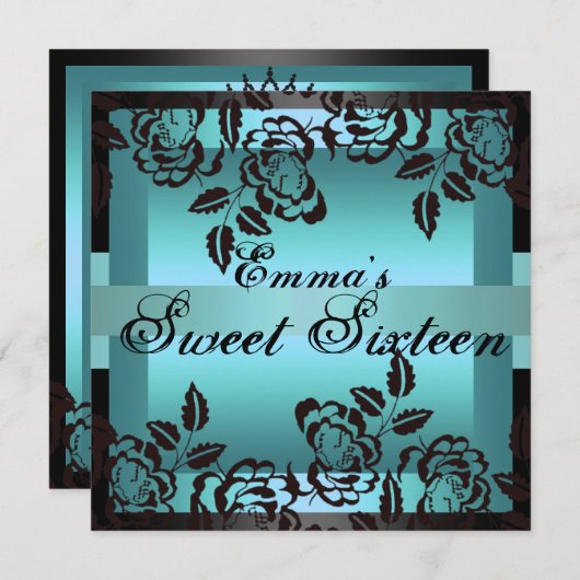 Sweet16青くエレガントなばら色の誕生日の招待 招待状 (正面/裏面)