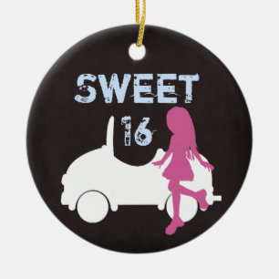 Sweet パーソナライズされた 16 Girl and Car in Pink n Blue セラミックオーナメント