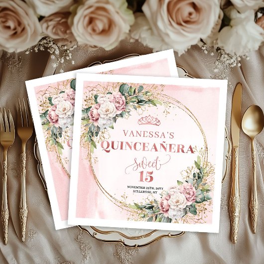 Sweet 15 Napkins with Rose Gold Greenery Accents スタンダードカクテルナプキン