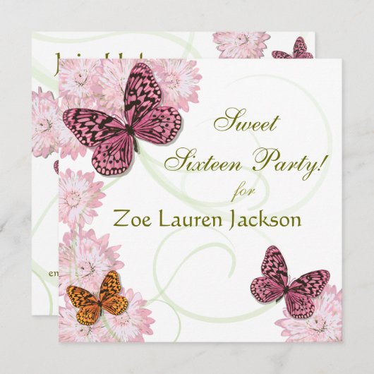 Sweet 16バタフライとデイジー招待状カード 招待状 (正面/裏面)