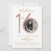 Sweet 16バラ金ゴールドグリッター誕生日写真 招待状 (正面)