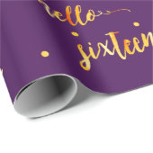 Sweet 16パープル金ゴールドhello 16スクリプト ラッピングペーパー (ロールコーナー)