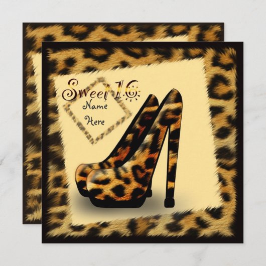 'Sweet 16'ヒョウ毛皮のプリントシューズ、フレーム招待状 招待状 (正面/裏面)
