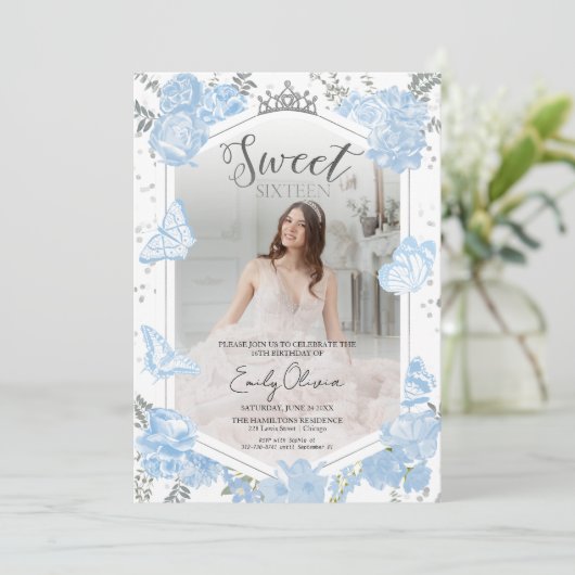Sweet 16フォト招待状 | ほこりっぽい青い蝶 招待状 (スタンド正面)
