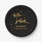 Sweet 16ブラック金ゴールドhello 16タイポグラフィ名 ペーパープレート (正面)
