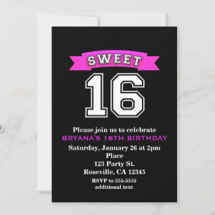 Sweet 16ブラック&ピンクスポーツ&レオパード印刷パーティー 招待状
