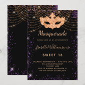 Sweet 16マスカレード黒パープルグリッター金ゴールド 招待状 (正面/裏面)