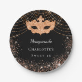 Sweet 16マスカレード黒金ゴールドグリッター ペーパープレート (正面)
