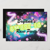 SWEET 16レイブクラブネオンバースデーパーティーへの招待 招待状 (正面/裏面)
