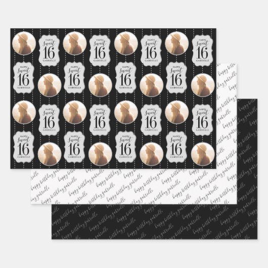 Sweet 16写真パーソナライズされたと名前の白黒 ラッピングペーパーシート (セット)