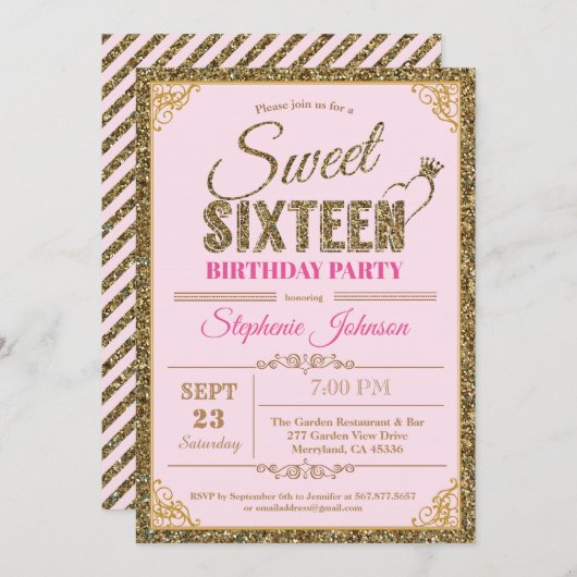 Sweet 16誕生日パーティーの招待ピンクと金ゴールド 招待状 (正面/裏面)