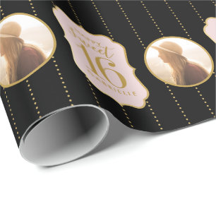 Sweet 16誕生日ピンクブラックパーソナライズされた写真 ラッピングペーパー