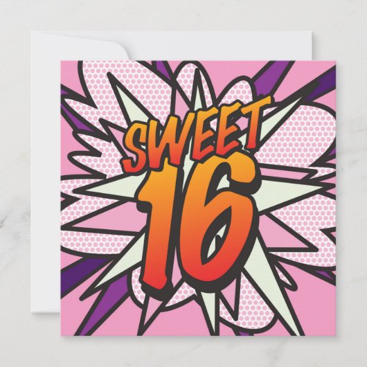 SWEET 16 おもしろレトロ コミック風 誕生日パーティー 招待状 (正面)