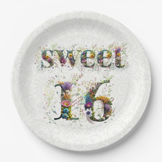 Sweet 16 お誕生日おめでとう 野の花のテキスト ペーパープレート (正面)