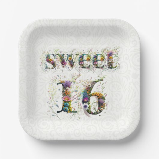 Sweet 16 お誕生日おめでとう 野の花のテキスト ペーパープレート (正面)