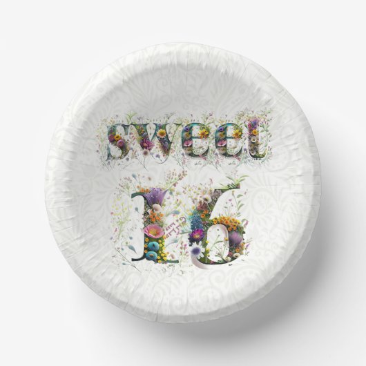 Sweet 16 お誕生日おめでとう 野の花のテキスト ペーパーボウル (正面)