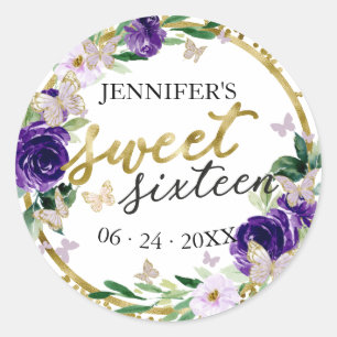 Sweet 16 エメラルドパープルフラワーバタフライ ラウンドシール
